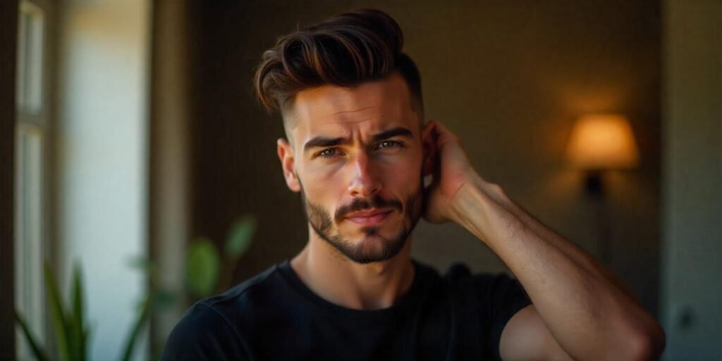 "Man with deep side part fade hairstyle, styled for voluminous, natural look in romantic background."







