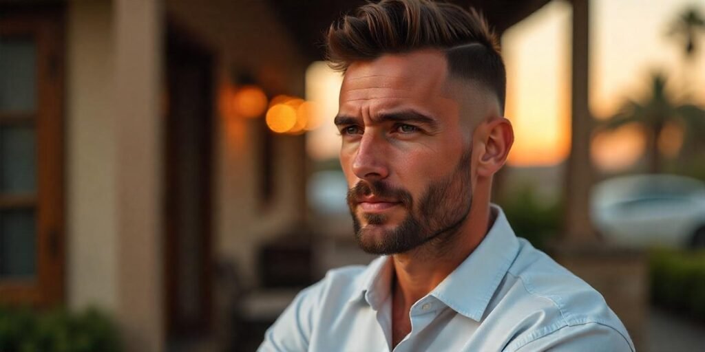 "Realistic photo of a man with a skin fade and short quiff hairstyle, stylish casual outfit, romantic background"







