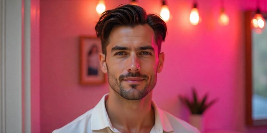 A man with thin hair styled in a volumized brush back, creating fullness and structure, with a natural, confident look.







