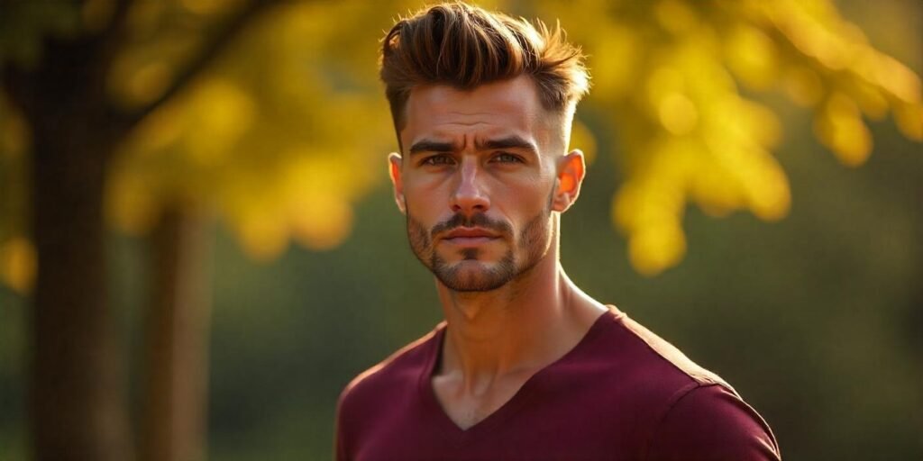 Caucasian man with tousled pomp and burst fade hairstyle, wearing a casual shirt, outdoor portrait with a romantic vibe.




