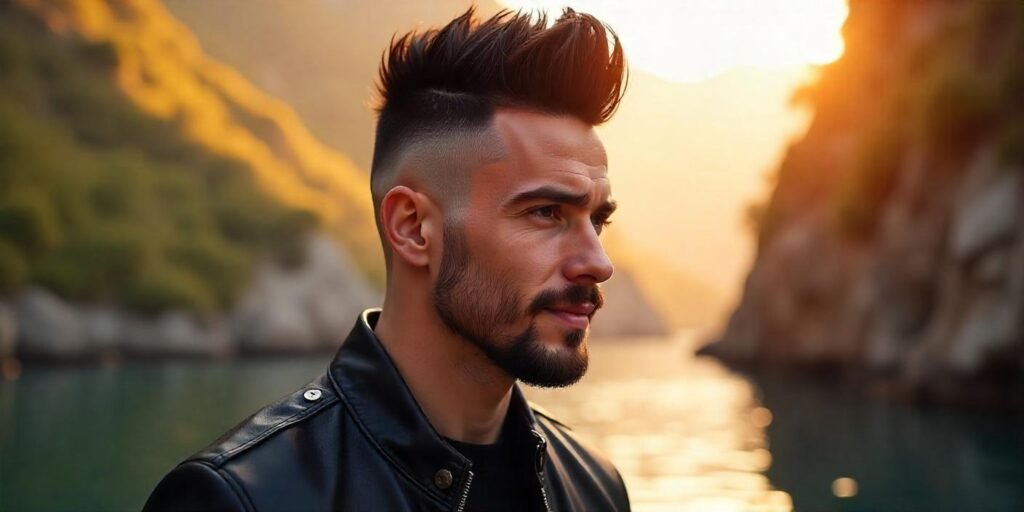 "Realistic image of a man with a high fade mohawk and sharp top in a romantic setting."