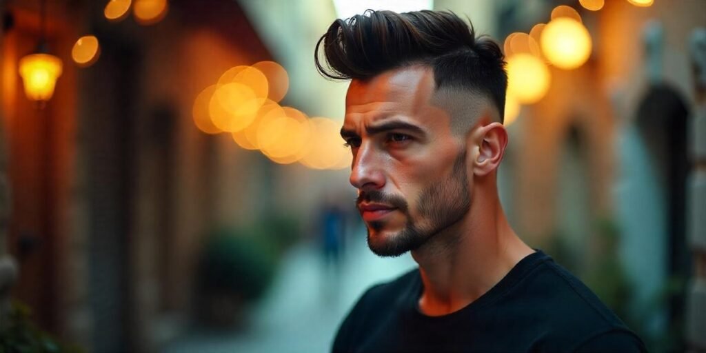 "Man with a low fade Mohawk haircut, stylish and balanced, in a romantic outdoor setting."