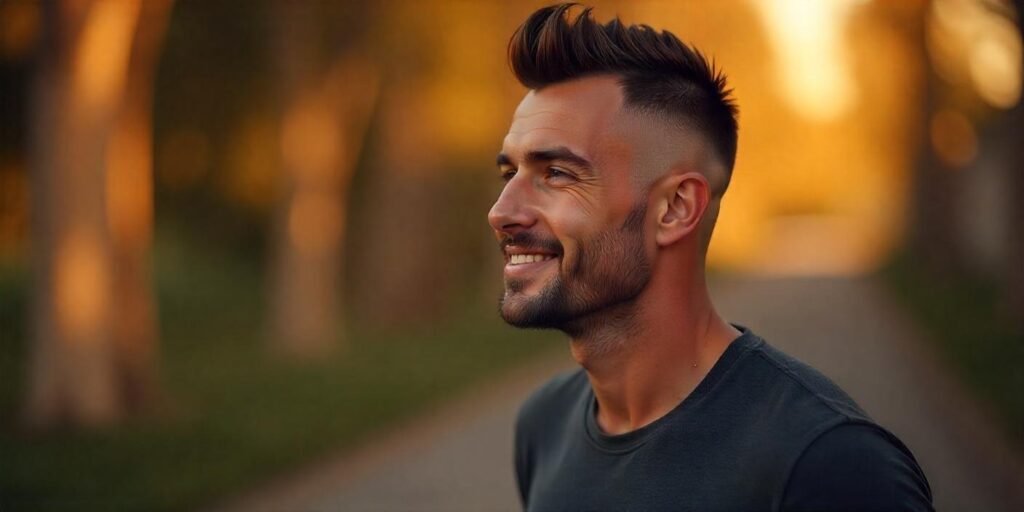 Man with Taper Fade Mohawk hairstyle, wearing a dark grey T-shirt, in a romantic setting.
Man with Taper Fade Mohawk hairstyle, wearing a dark grey T-shirt, in a romantic setting.