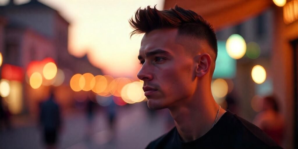"Realistic image of a young man with Temp Fade Mohawk hairstyle and casual outfit"