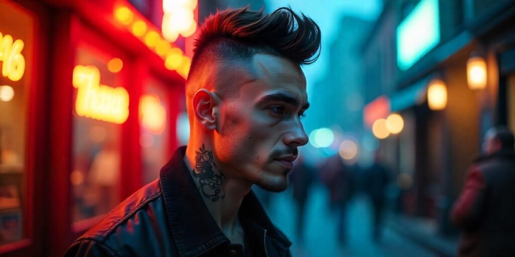 Realistic image of a man with a skin fade mohawk hairstyle, bold contrast between shaved sides and voluminous top. Romantic background.
