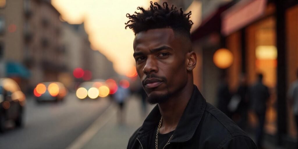 African American male with a short hair mohawk, high fade, and subtle highlights in a romantic background.