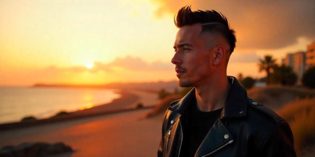 "Young man with short black mohawk, buzzed sides, and skin fade, wearing a leather jacket."