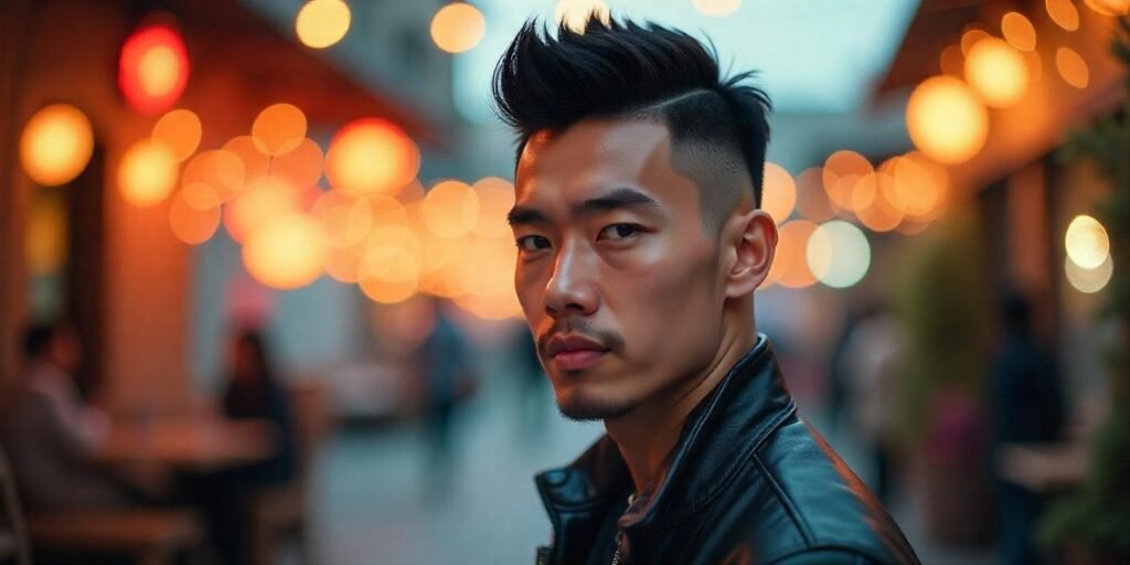 Asian man with short mohawk fade hairstyle, black leather jacket, romantic evening backdrop.