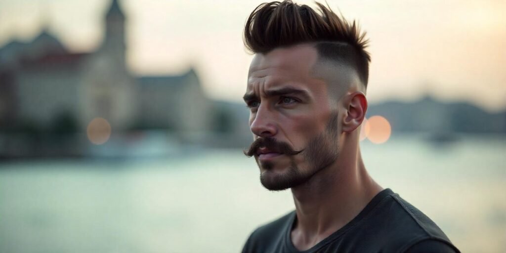 "Real photo of a man with short mohawk hairstyle and mustache, wearing casual dark shirt."