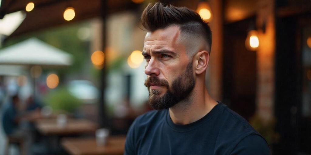 "Man with short mohawk fade and sculpted beard in romantic outdoor setting, wearing dark t-shirt."