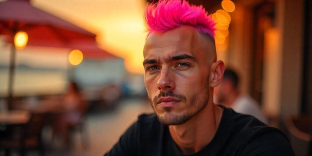 A man with a short pink mohawk hairstyle, buzzed sides, and a natural neck, exuding confidence in a romantic setting.