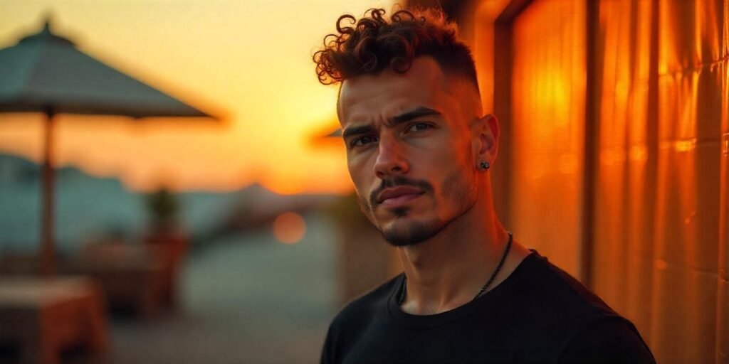 "Real photo of a man with curly hair mohawk fade, wearing a black t-shirt in a romantic background."
