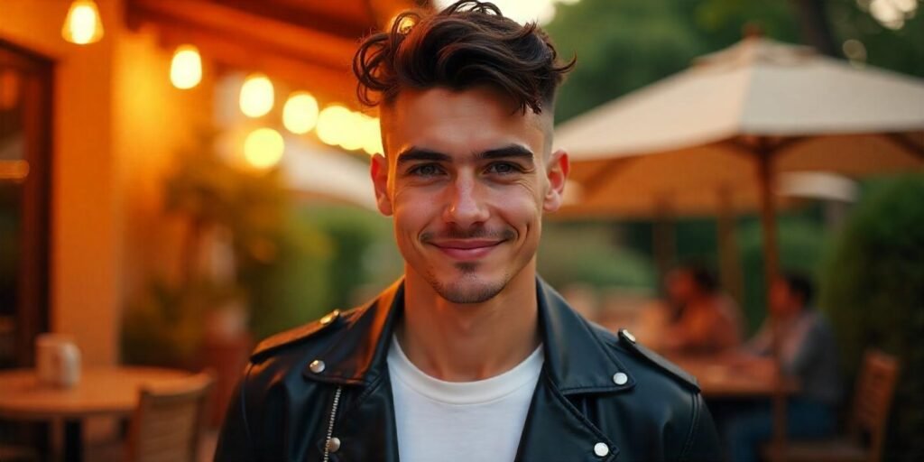 "Messy Mohawk and Skin Fade hairstyle on a man with wavy dark brown hair in a romantic outdoor setting."