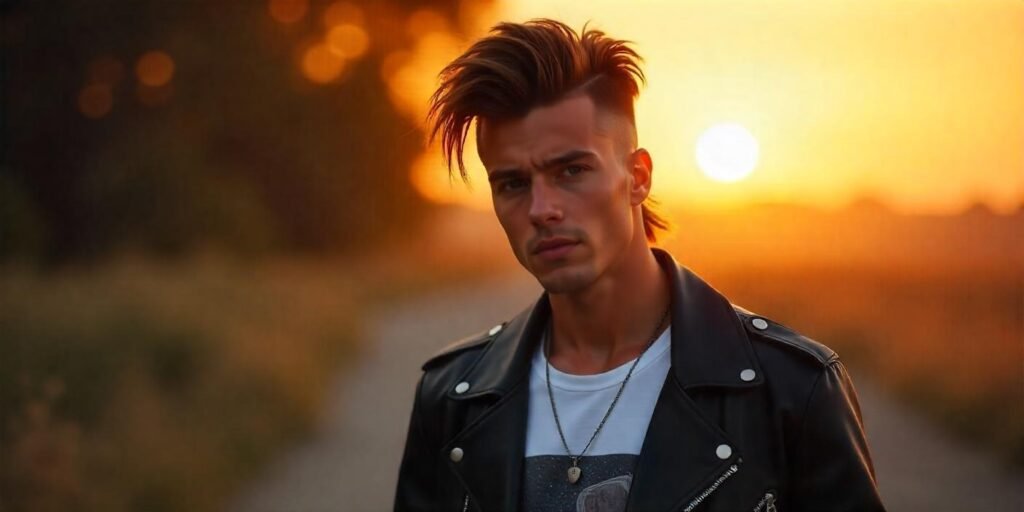 "Cool textured mullet mohawk hairstyle on a confident young man, showcasing a modern and bold look in a romantic background."