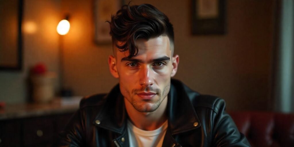 Fluffy Edgar haircut with textured top and buzzed side, casual outfit with romantic background, confident expression.