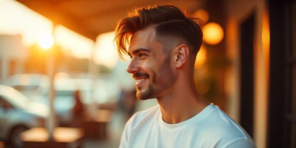 Young man with a side-swept fringe Fluffy Edgar haircut in casual white t-shirt, romantic background.