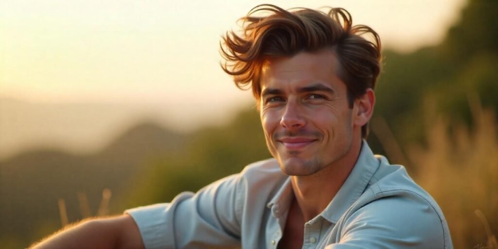 A young man with a Fluffy Edgar Haircut and low taper style, styled effortlessly for a romantic vibe.