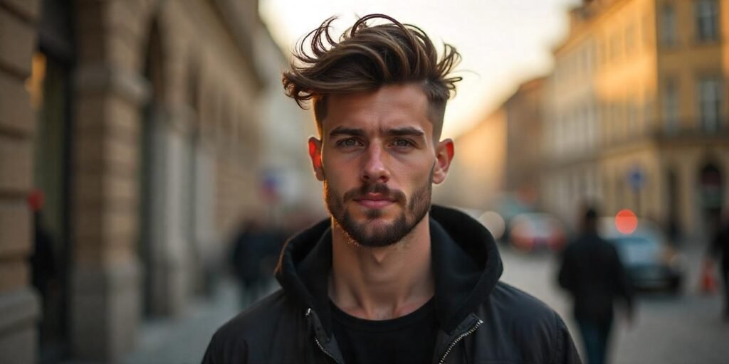 "Realistic photo of a young man with a fluffy Edgar haircut and Edgar mullet, styled with texture and facial hair."
