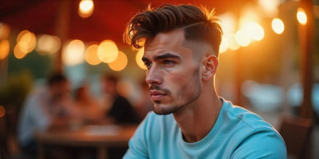 Realistic photo of a young man with fluffy Edgar haircut, undercut hairstyle, and casual style in a romantic setting.