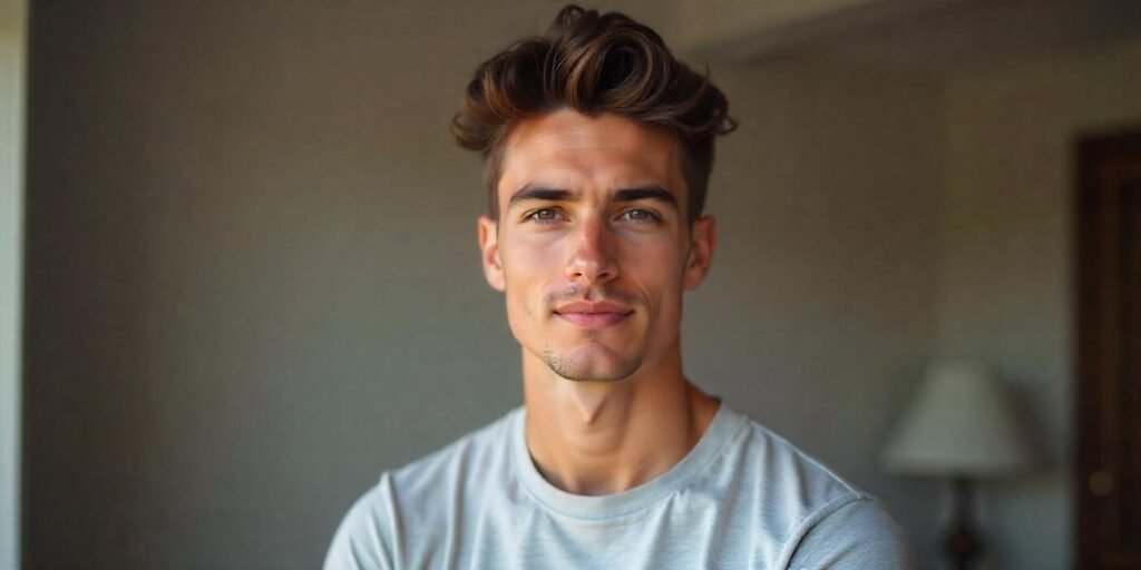 "Young man with fluffy Edgar haircut, brushed-forward style in casual outfit, soft romantic background"