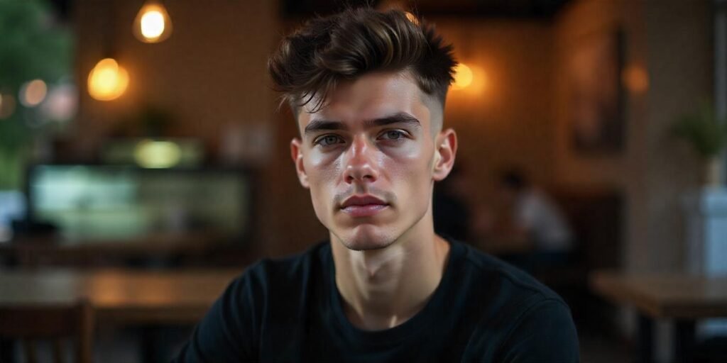 Fluffy Edgar haircut for men with faded temples, messy top, and romantic background.