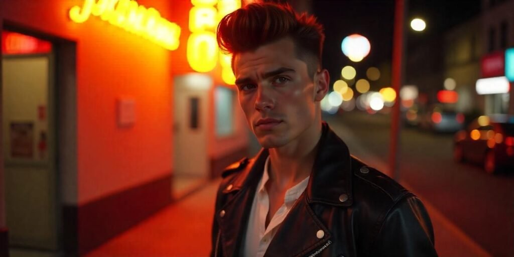"Realistic photo of a young man with a classic pompadour hairstyle, rock 'n' roll style outfit, and confident expression."