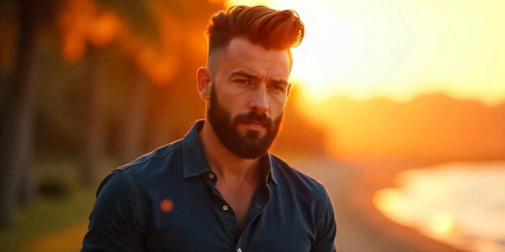 "Classic pompadour with full beard and confident expression, styled for a masculine and sophisticated look."
