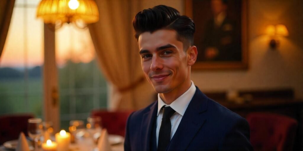 "Traditional pompadour for curly or permed hair, styled for men with smooth, full black hair."