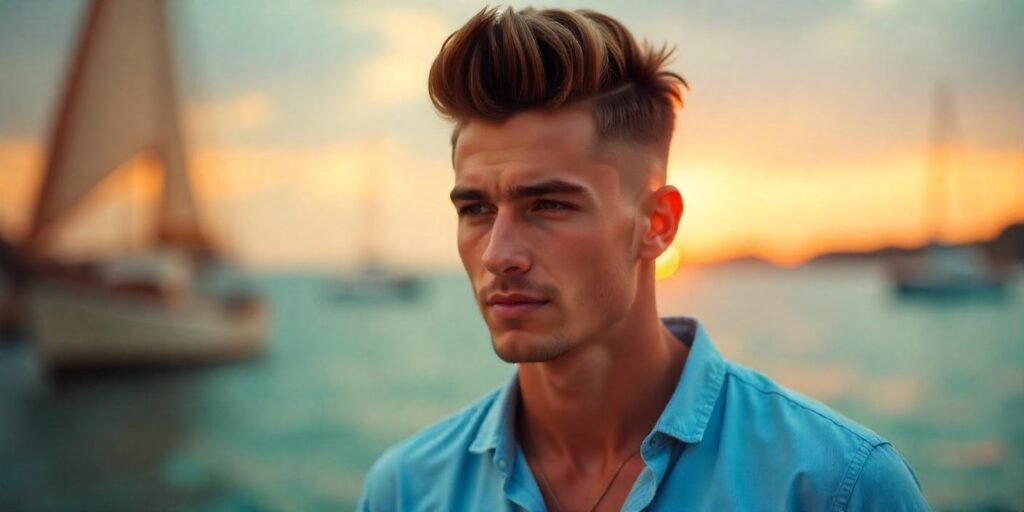 "Modern pompadour hairstyle for men with voluminous top and stylish, confident look in a romantic setting."