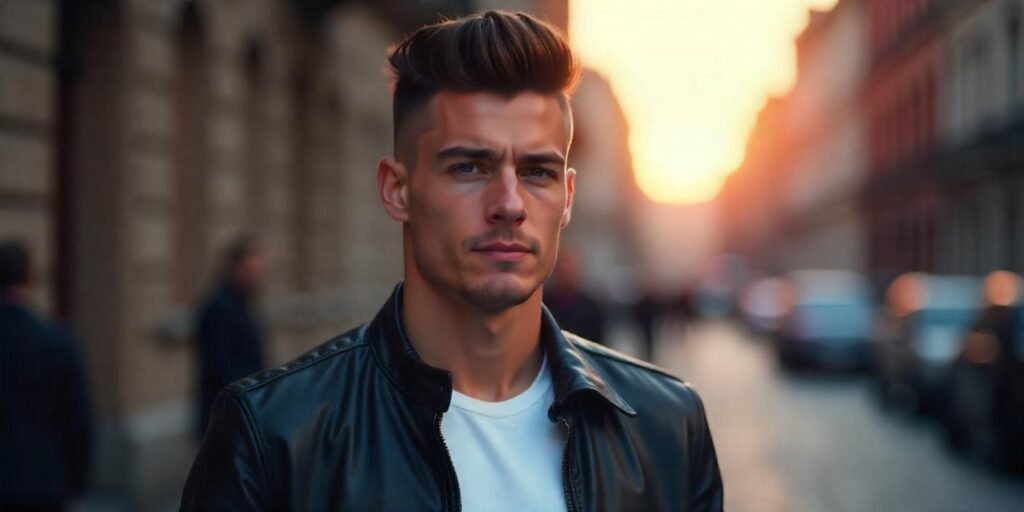 "Young man with modern undercut pompadour hairstyle and casual outfit, with romantic sunset background."