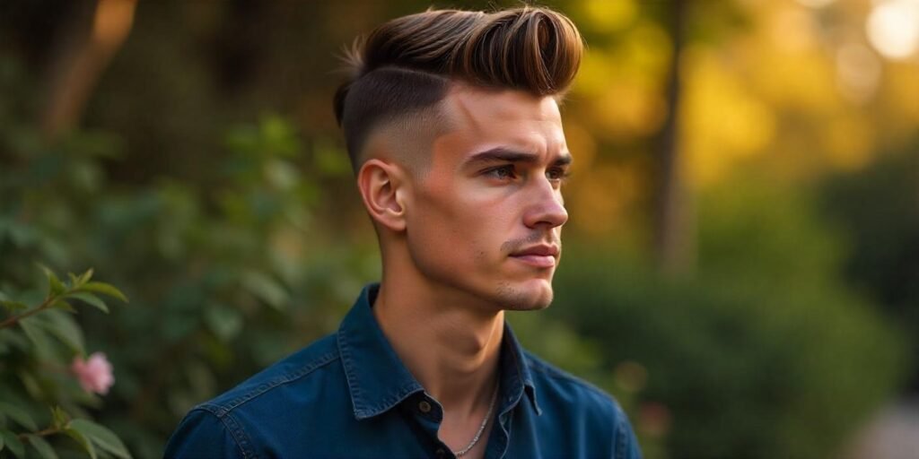 "Young man with a modern pompadour hairstyle, confident expression, and casual outfit in a romantic setting."