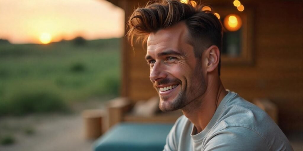 "Man with messy pompadour hairstyle in a casual outfit, relaxing in a romantic setting."