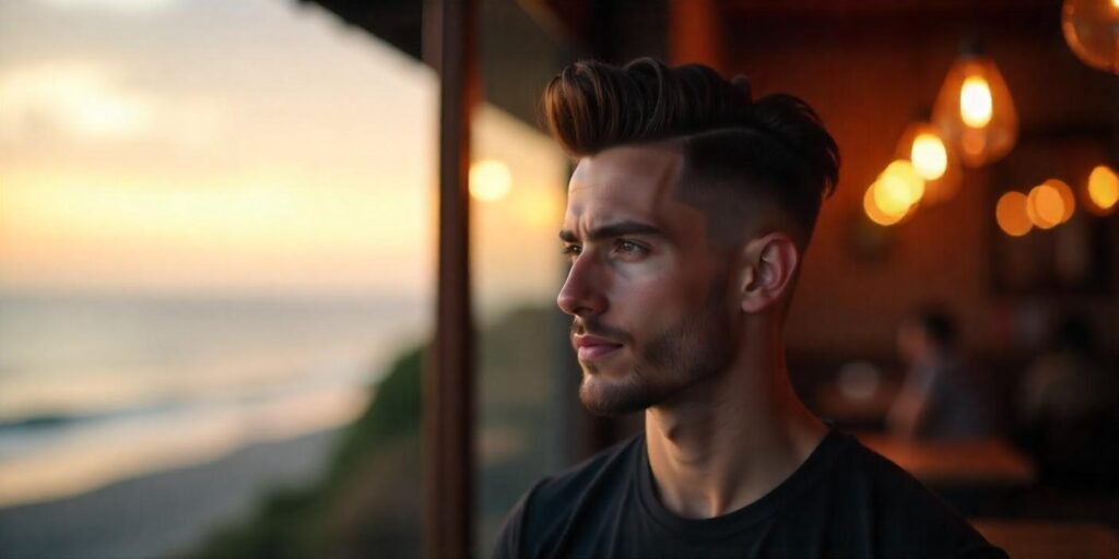 Realistic image of a man with a Pompadour Fade hairstyle, showcasing voluminous top and fade sides.