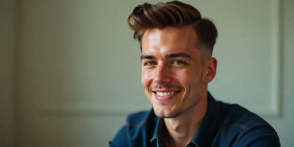 "Pompadour Low Fade hairstyle for men, casual dark blue shirt, relaxed confident vibe, romantic background."
