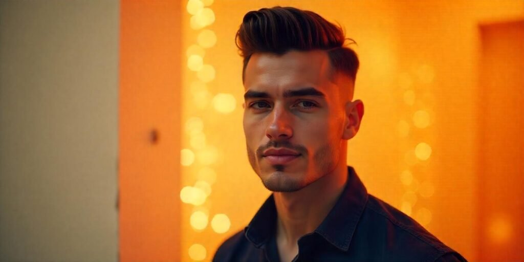 "Pompadour mid fade hairstyle for men, styled in a modern, classic way with a romantic background."