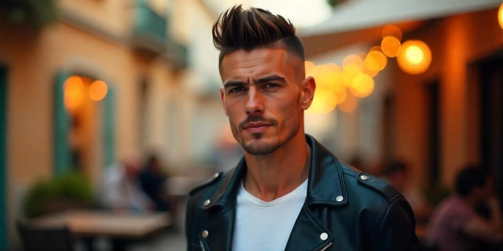 "Man with faux hawk hairstyle and shaved temples in a romantic outdoor setting."







