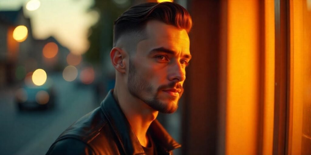 A young man with a tapered slick back hairstyle and facial hair in a romantic, cozy setting.







