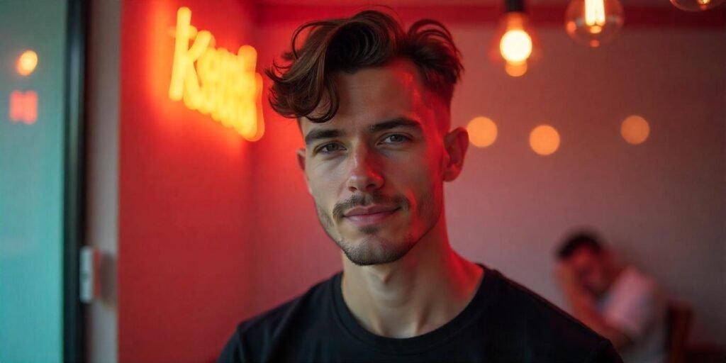Taper haircut with wavy top for men, showing volume and natural texture in a romantic setting.

