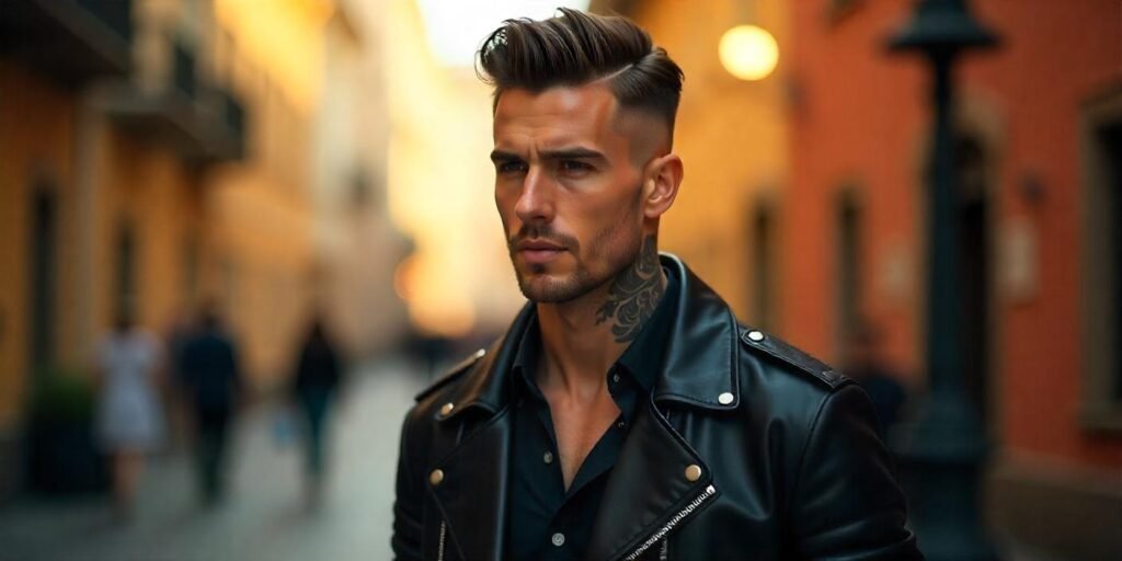 "Man with slicked-back hairstyle and faded sides, showcasing a sharp, sculpted look with realistic neck and facial features."







