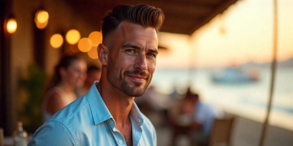 "Realistic side part high fade hairstyle for men with natural features and romantic background"







