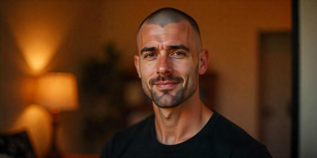 Bald Fade haircut for men with a romantic background, showing fuller top hair and shaved sides. Natural facial expression.







