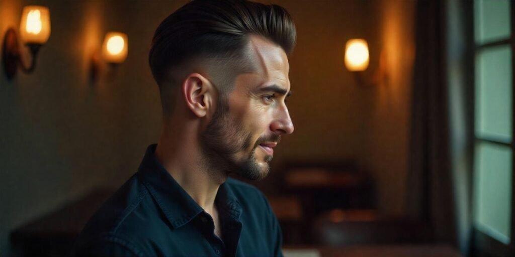 Sleek comb-over hairstyle for thin hair, styled with volume, side part, and facial hair in a romantic ambiance.

