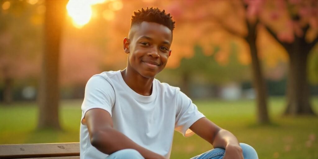 Black teen boy with low flat top haircut wearing white tee in park at sunset with romantic background