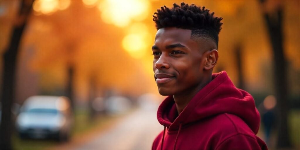 Realistic image of a boy with a black faded flat top haircut wearing red hoodie in a romantic sunset background