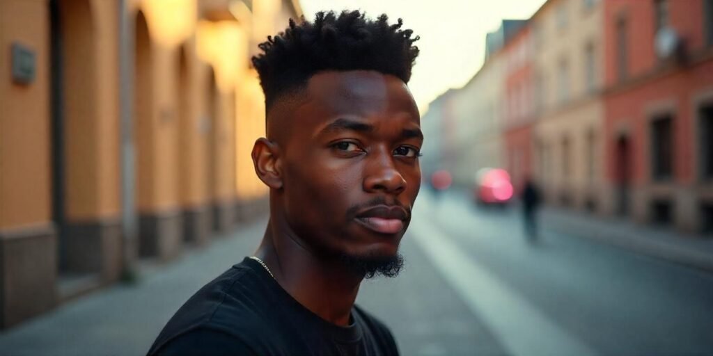 Black male with curved flat top haircut, modern smooth style in romantic background, wearing casual t-shirt.