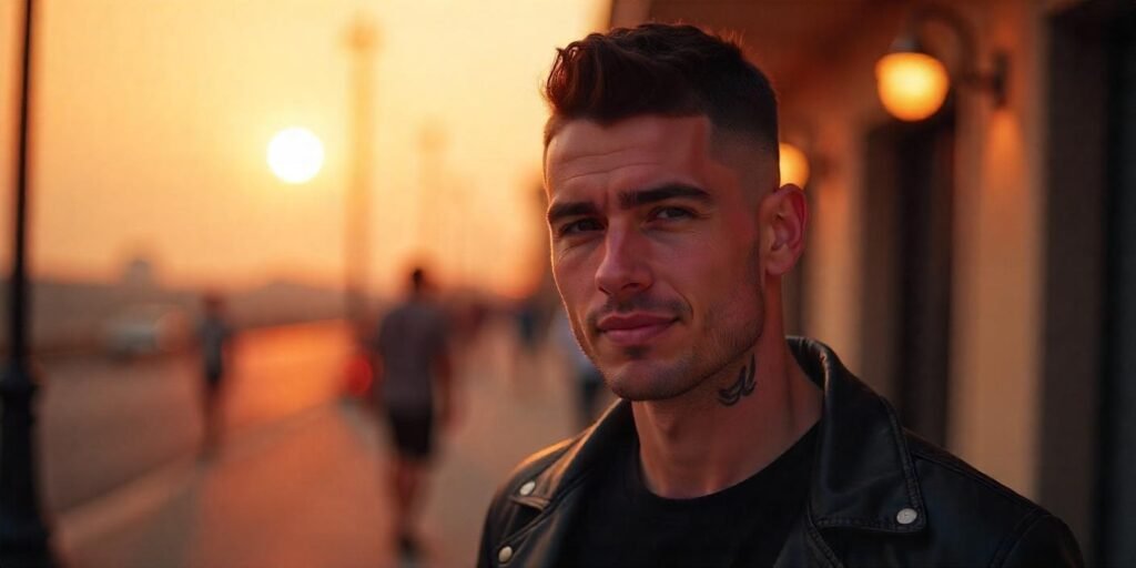 A young man with a flat top black haircut featuring geometric line work on the sides, dressed in a casual black t-shirt and leather jacket.