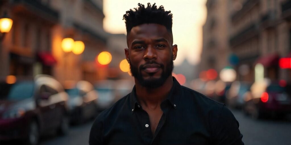 Black male with flat top haircut in a black shirt, standing outdoors with a romantic evening vibe.