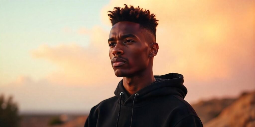 "Young African American male with a flat top haircut, showcasing cultural pride and strength."