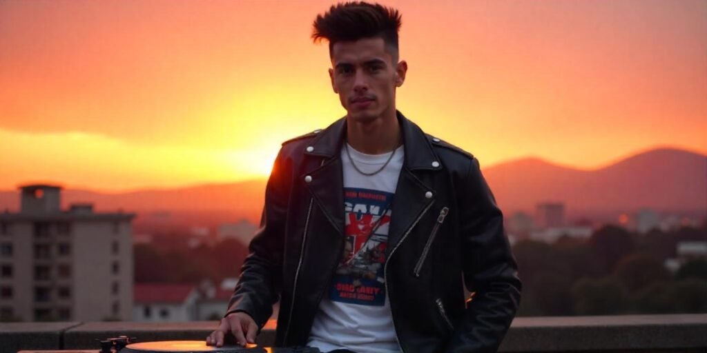 "Boy with flat top hairstyle in hip-hop style, sunset background with romantic glow."