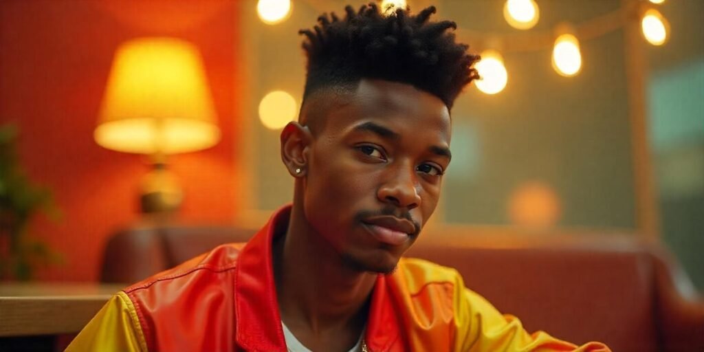 "Flat top hairstyle inspired by 90s TV culture with retro streetwear and romantic background."